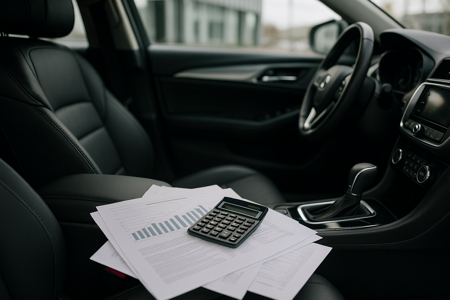 Documenti e calcolatrice su un sedile di auto moderna per valutare un prestito auto