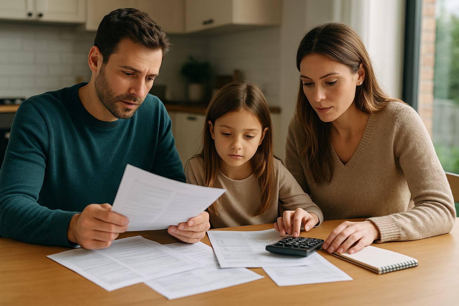 Famiglia che pianifica il budget e valuta un prestito per spese importanti