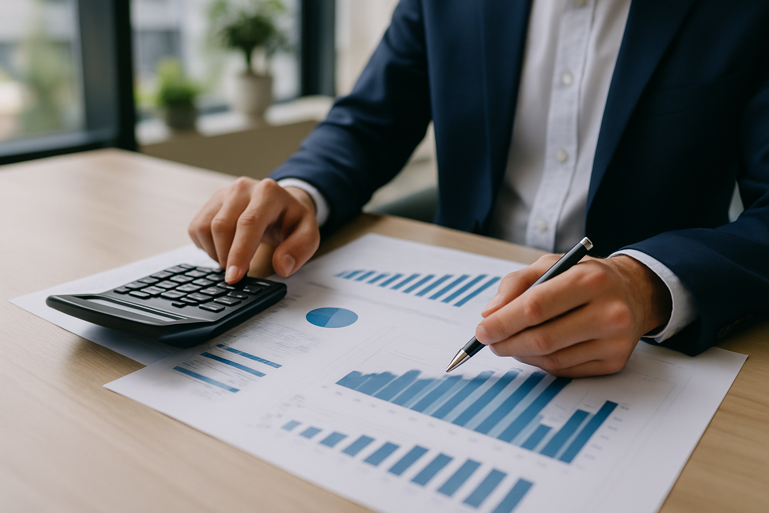 Calcolatrice e documenti finanziari su una scrivania per valutare un prestito a lungo termine