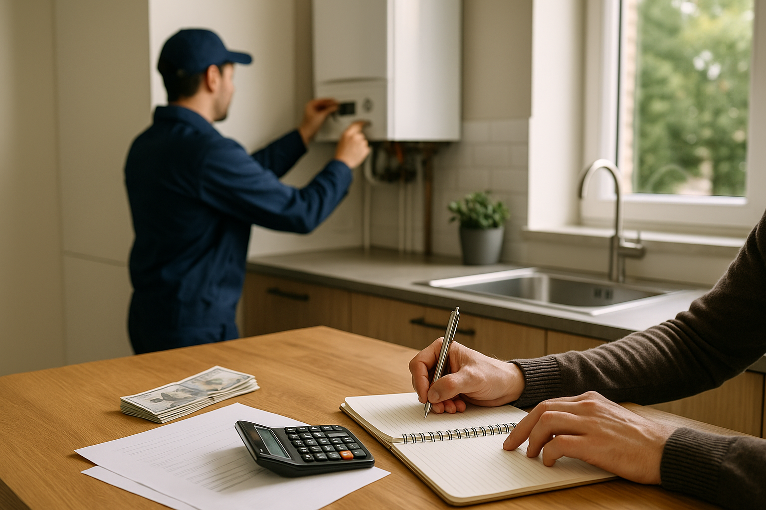 Persona che valuta i costi di una riparazione domestica mentre un tecnico controlla la caldaia