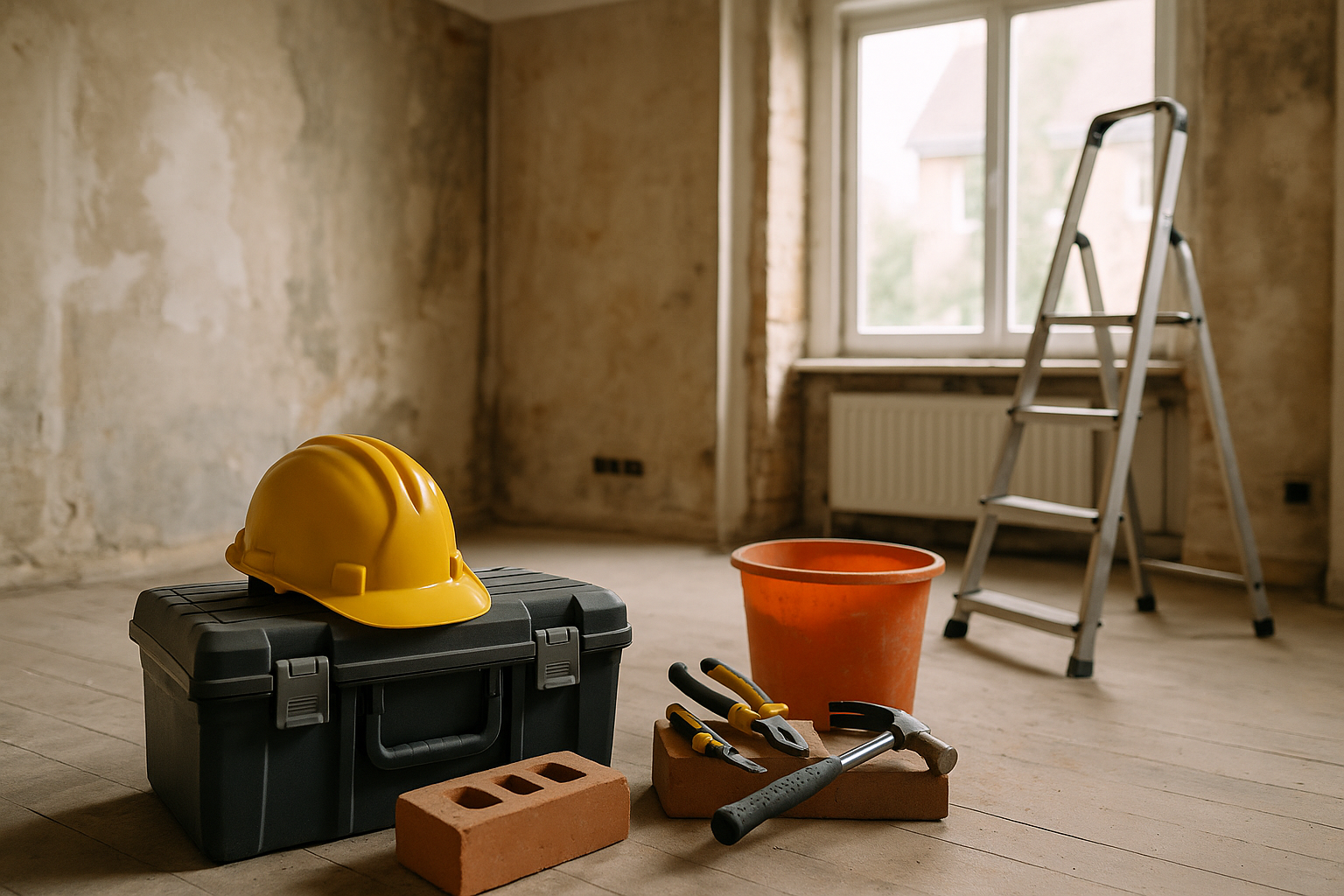 Interno di casa in ristrutturazione con attrezzi e materiali da lavoro