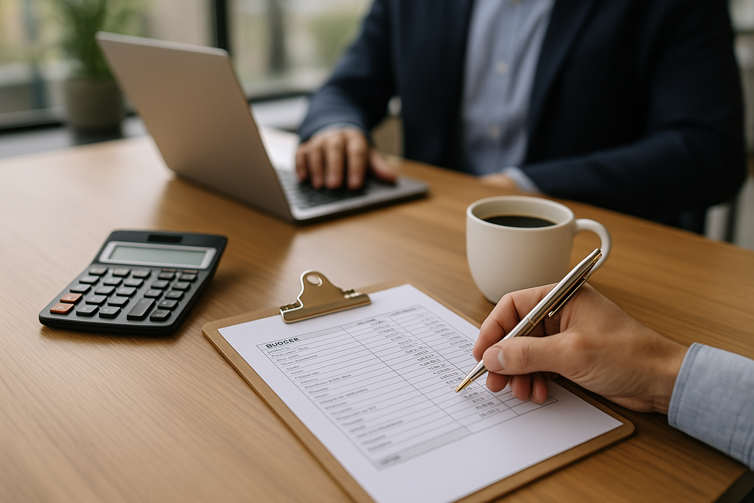 Scrivania con calcolatrice e foglio di budget per pianificare un prestito e organizzare le finanze