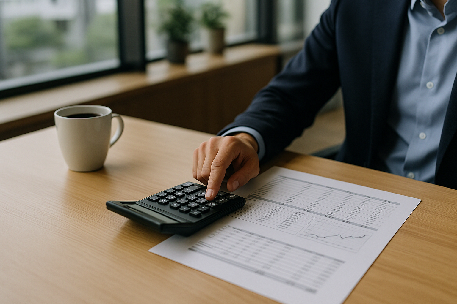 Calcolatrice e foglio di budget su una scrivania ordinata per pianificare un prestito in modo sostenibile