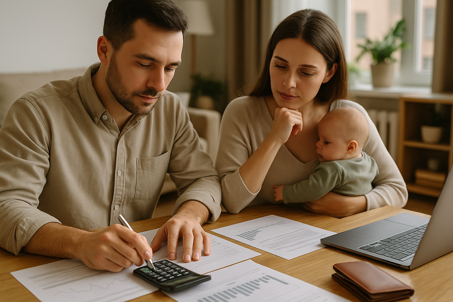 Famiglia che pianifica il budget e valuta un prestito durante un cambiamento familiare