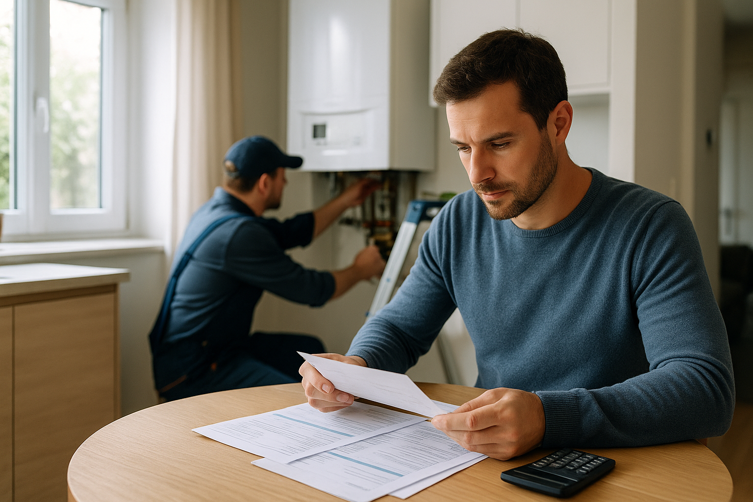 Tecnico che ripara un impianto domestico mentre il proprietario valuta preventivi e spese