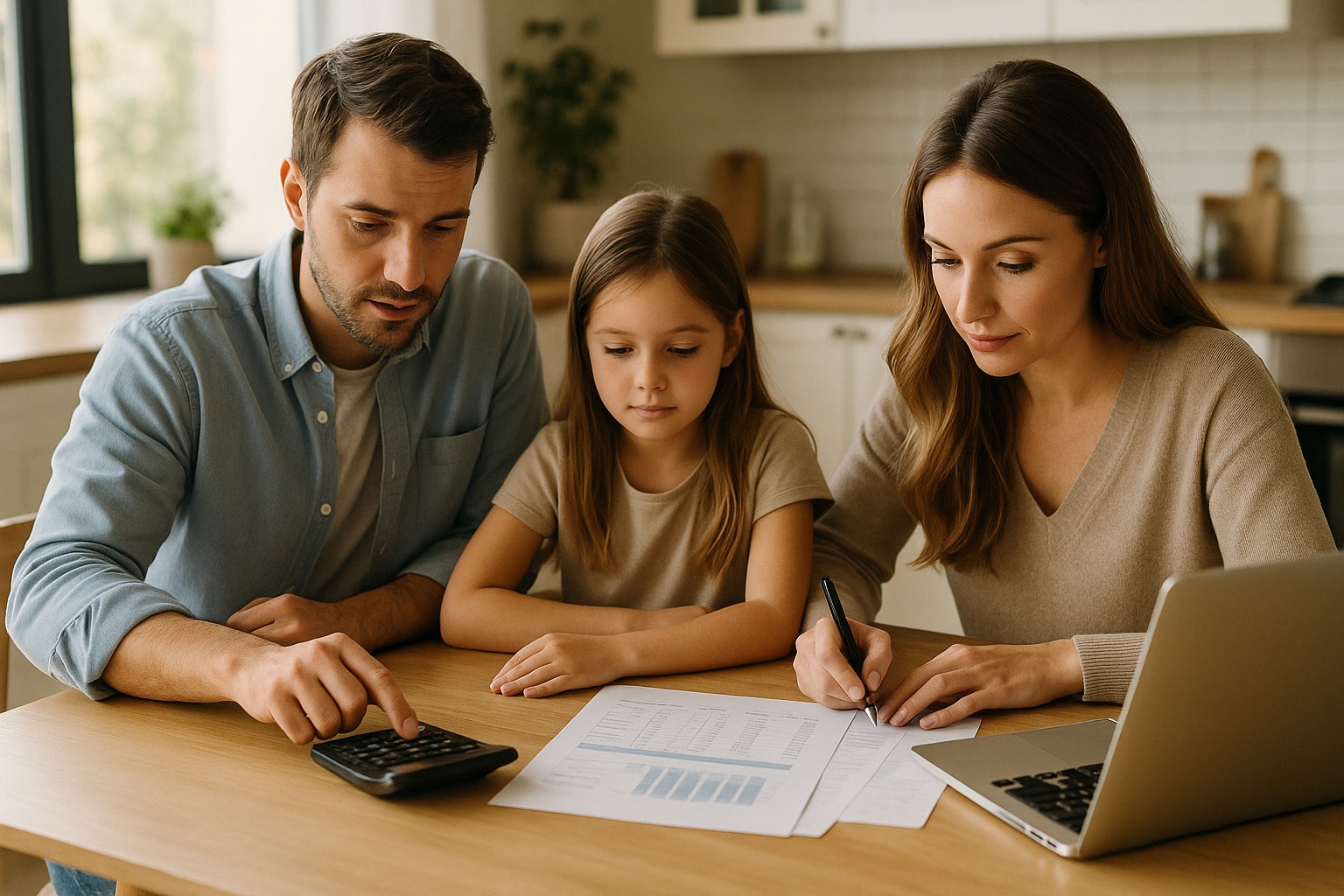 Famiglia che pianifica il bilancio domestico valutando una rata di prestito