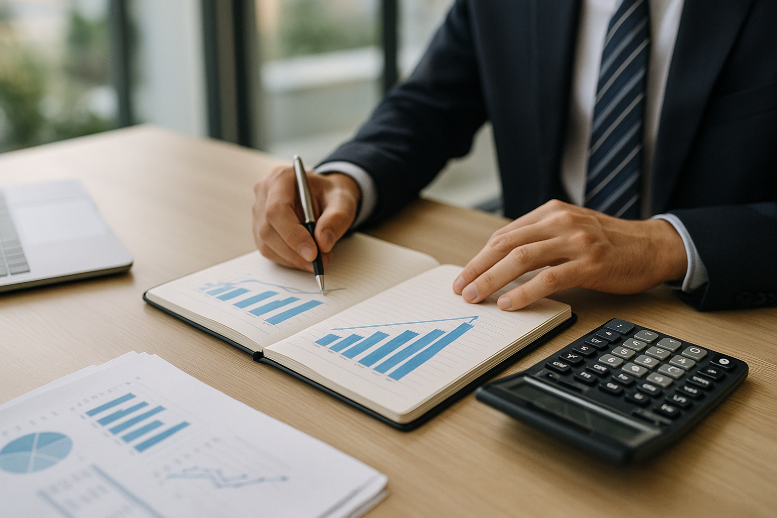 Calcolatrice e taccuino con grafici su una scrivania, simbolo di pianificazione finanziaria per un progetto professionale