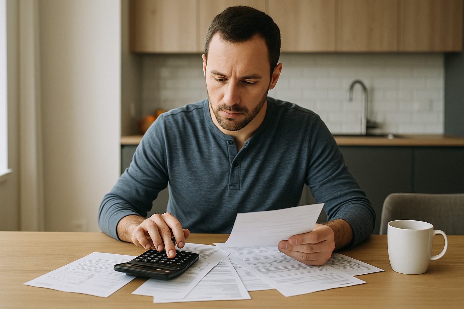 Persona che valuta un prestito per coprire spese impreviste controllando bollette e budget
