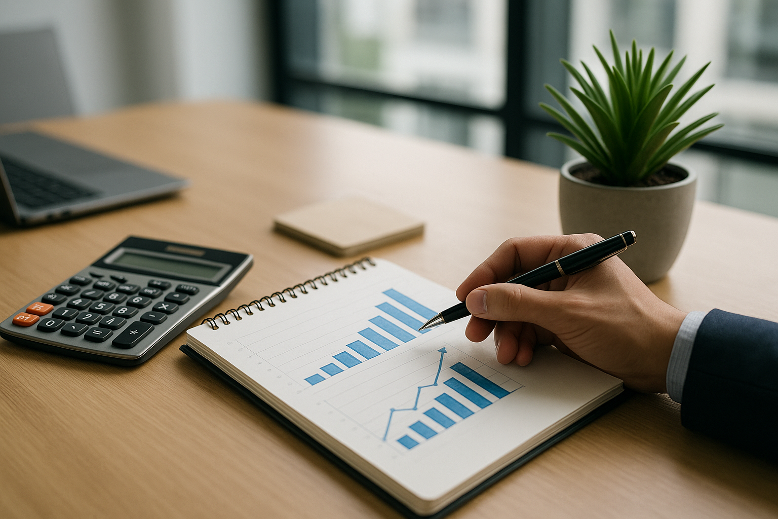 Calcolatrice e taccuino con grafici per pianificare un prestito destinato a investimenti personali