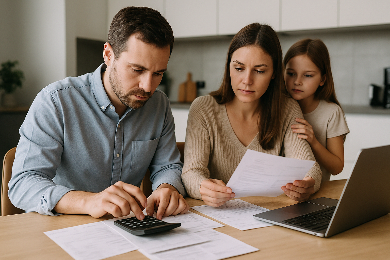 Famiglia che valuta un prestito per coprire spese straordinarie e pianifica la rata mensile