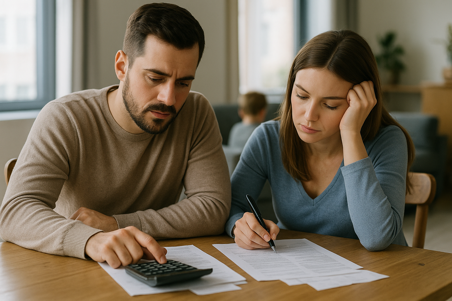 Famiglia che analizza il bilancio domestico e valuta un prestito con documenti e calcolatrice