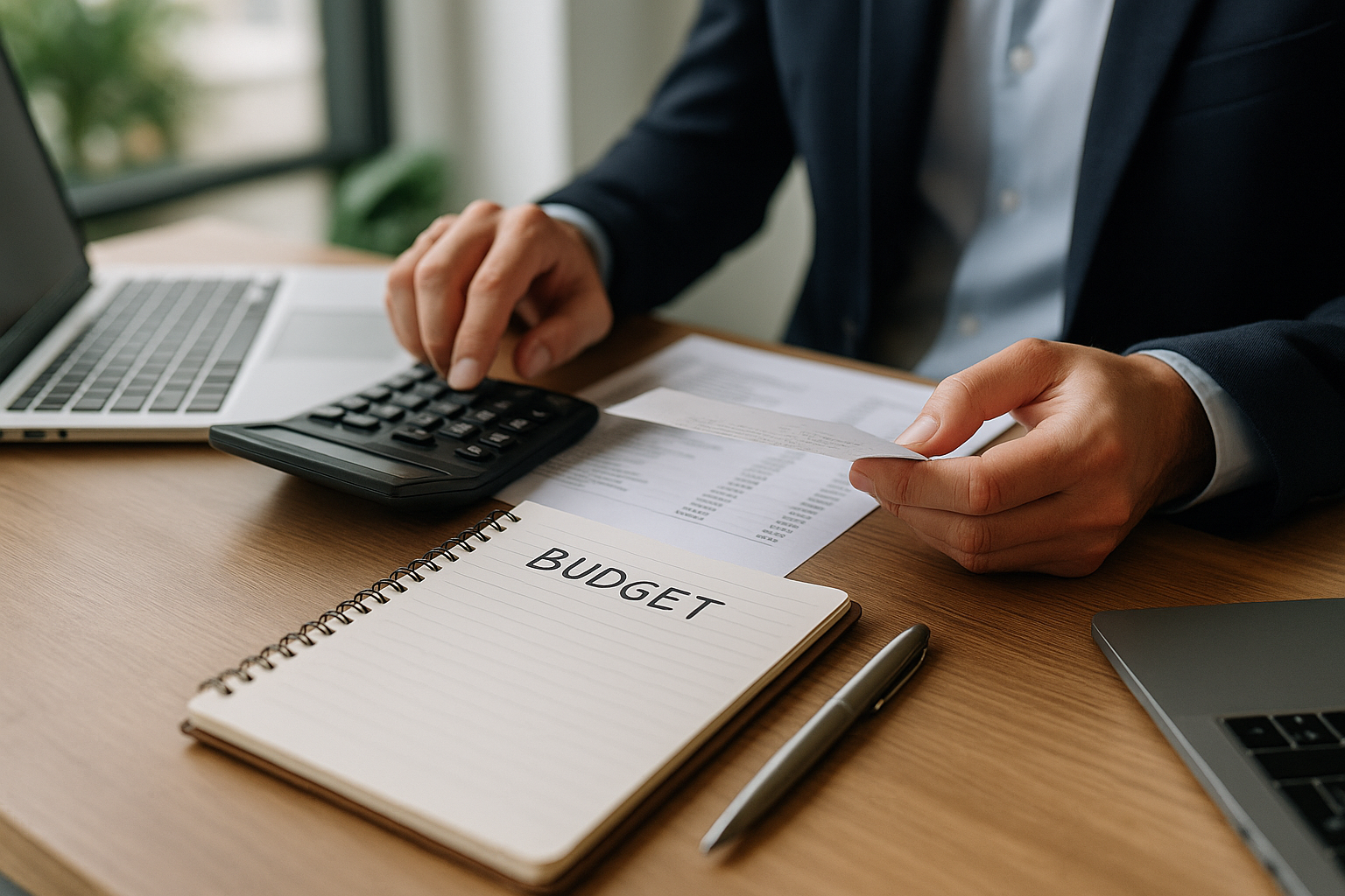 Persona che organizza un budget mensile con calcolatrice e lista spese per scegliere un prestito sostenibile