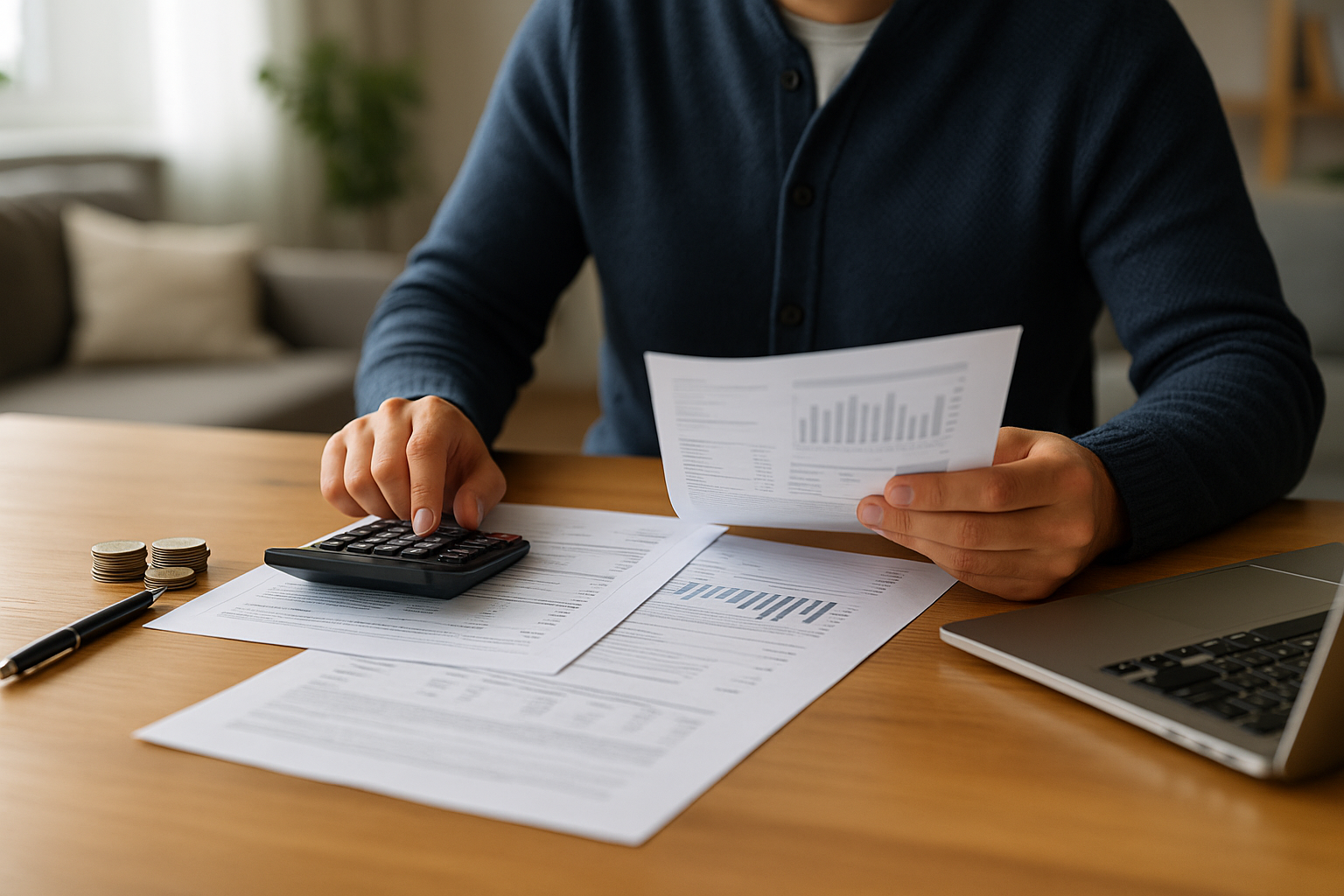 Persona che valuta un prestito confrontando rate e costi su documenti finanziari