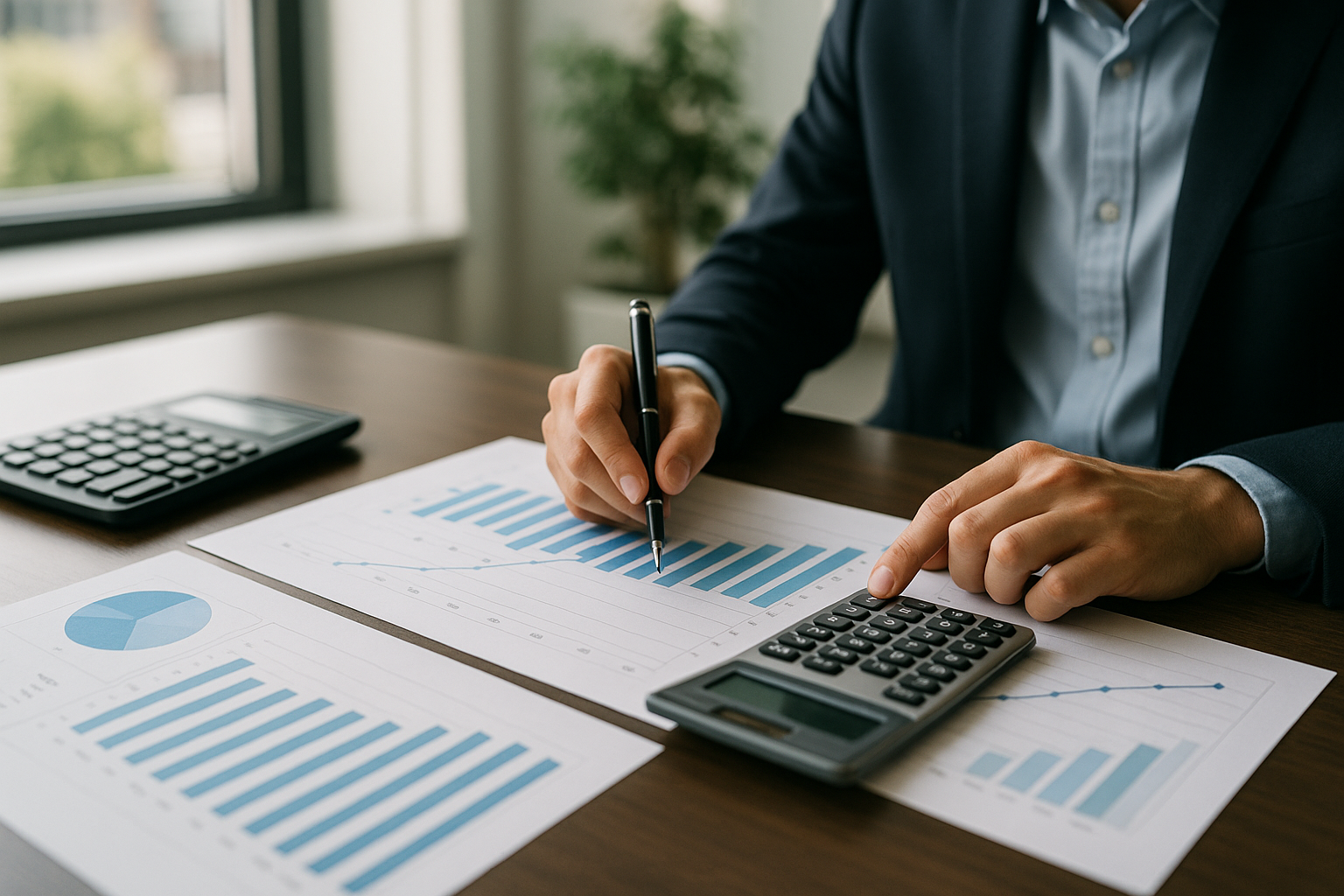 Calcolatrice e documenti finanziari su una scrivania per valutare un prestito a rate