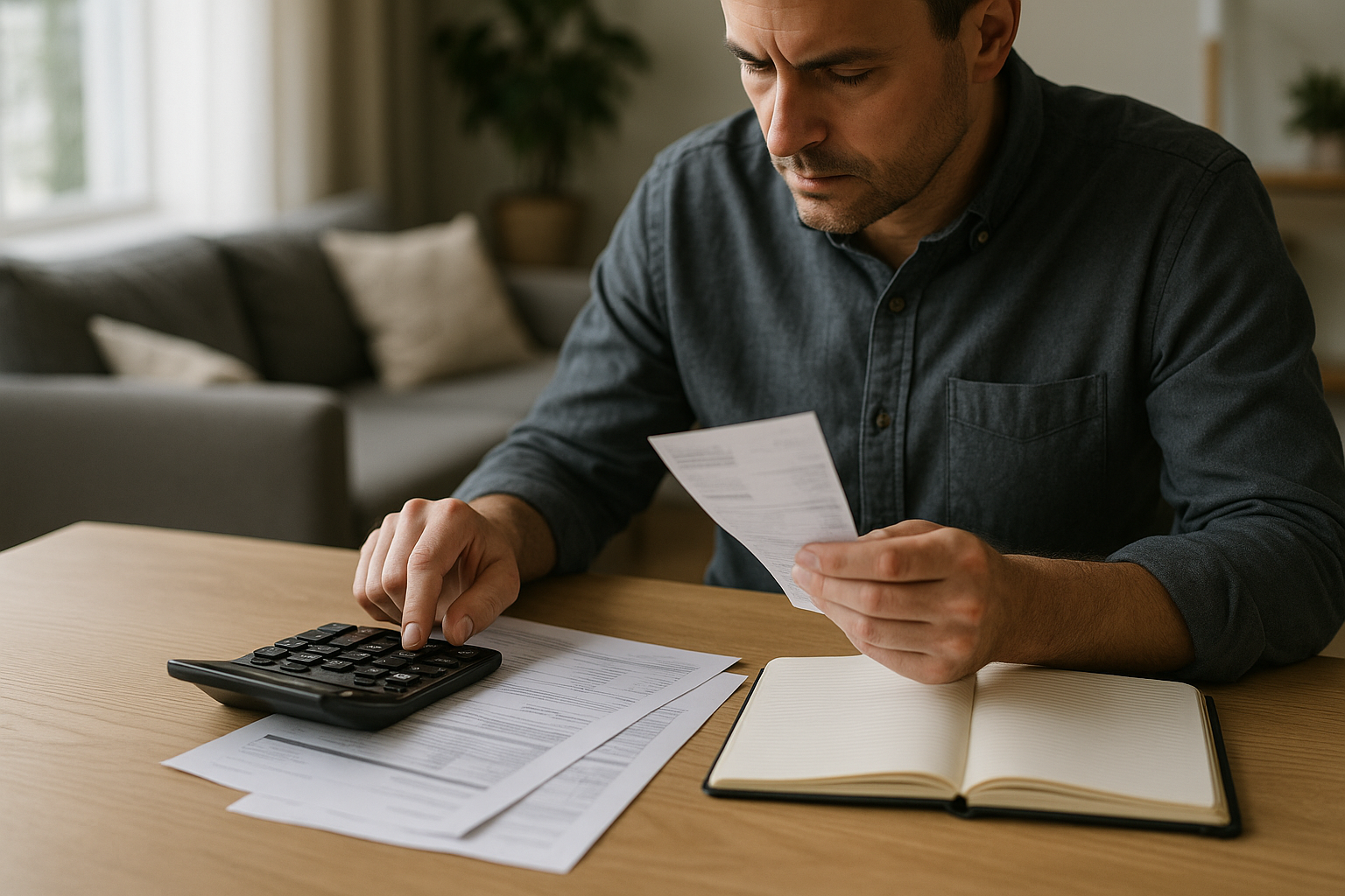 Persona che rivede il budget domestico e le spese mensili per valutare un prestito