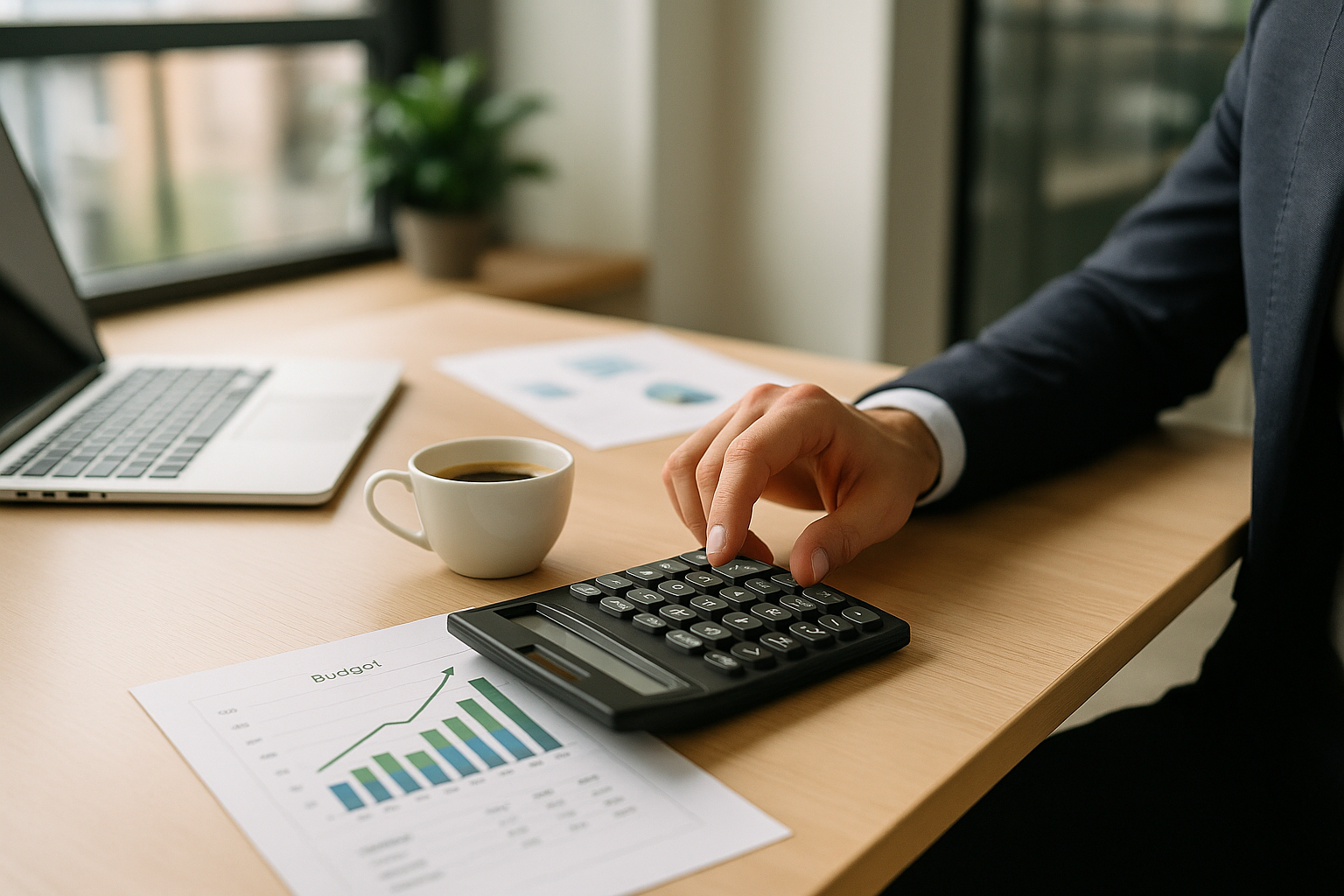 Calcolatrice e foglio budget su scrivania per valutare un prestito sostenibile nel tempo