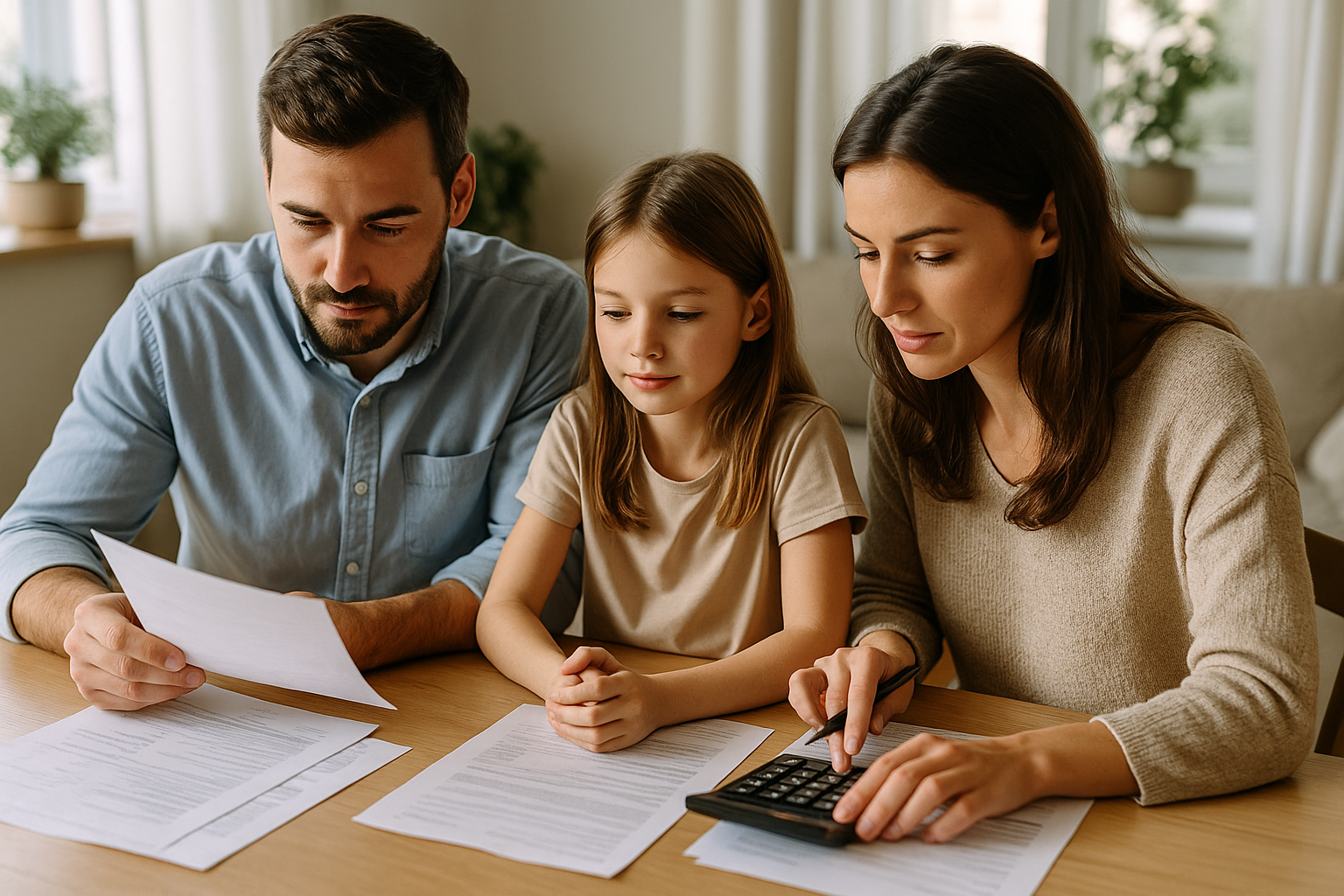 Famiglia che pianifica il bilancio domestico valutando una rata di prestito