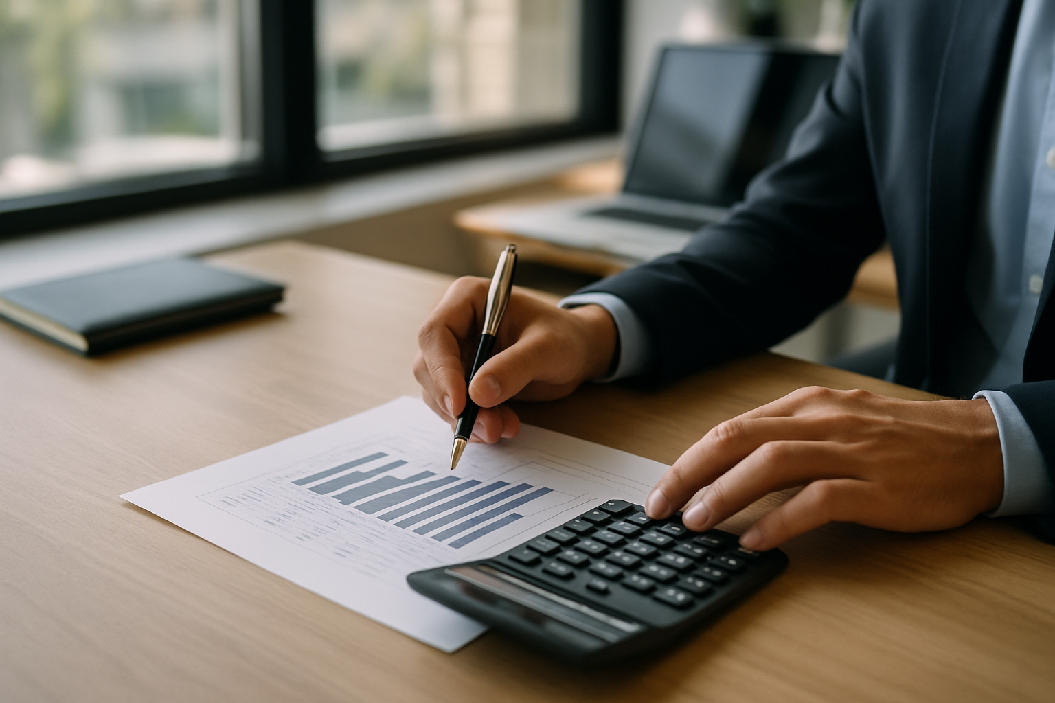 Calcolatrice e foglio di budget su una scrivania per valutare la sostenibilità di una rata