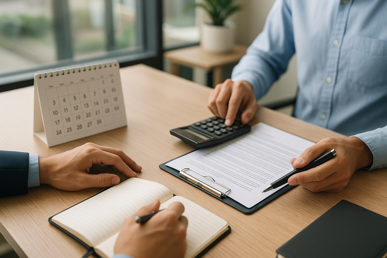 Calendario e strumenti di calcolo su una scrivania per pianificare il pagamento delle rate di un prestito