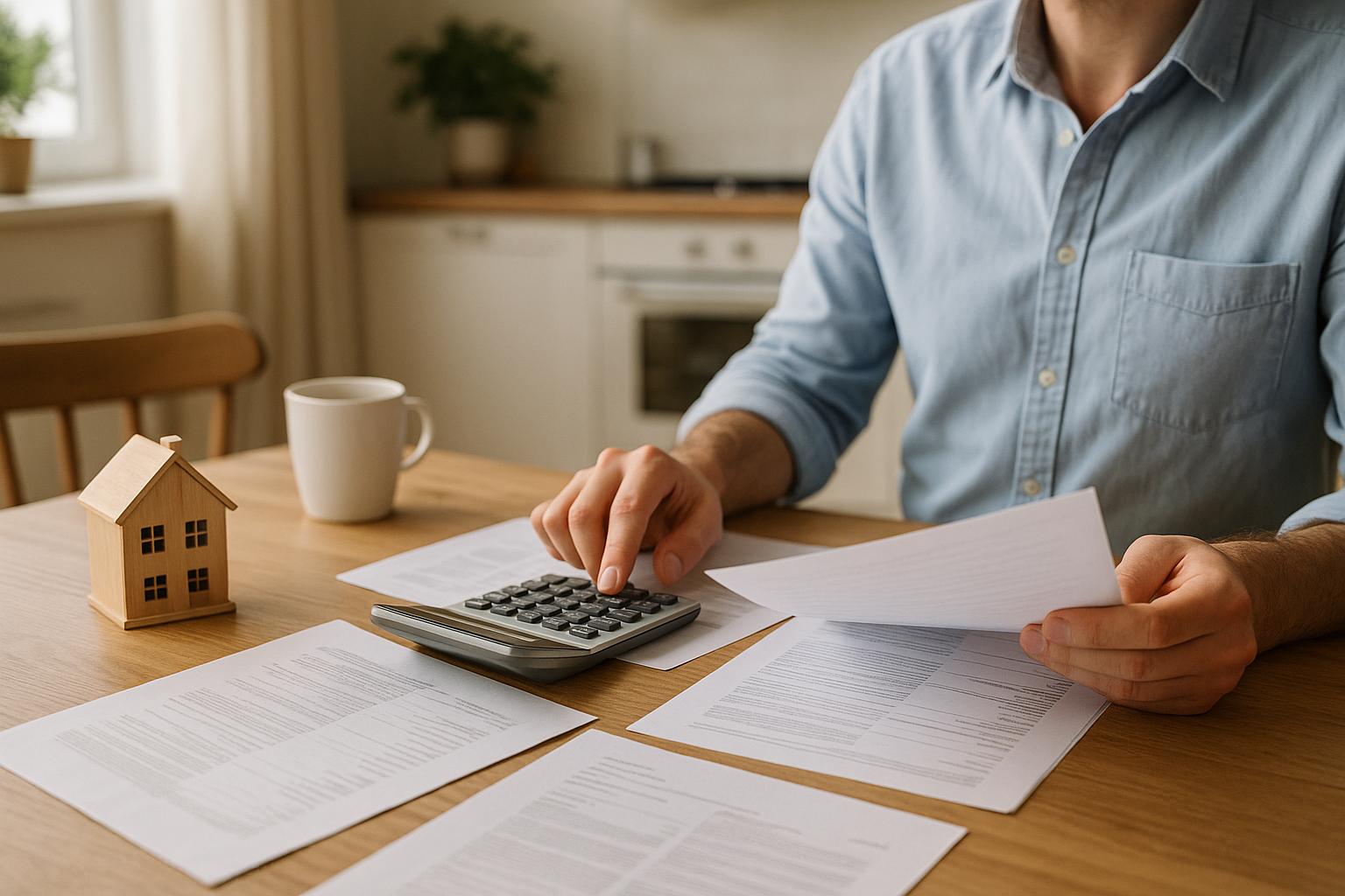 Calcolo del preventivo di un prestito per spese domestiche con documenti e calcolatrice su un tavolo