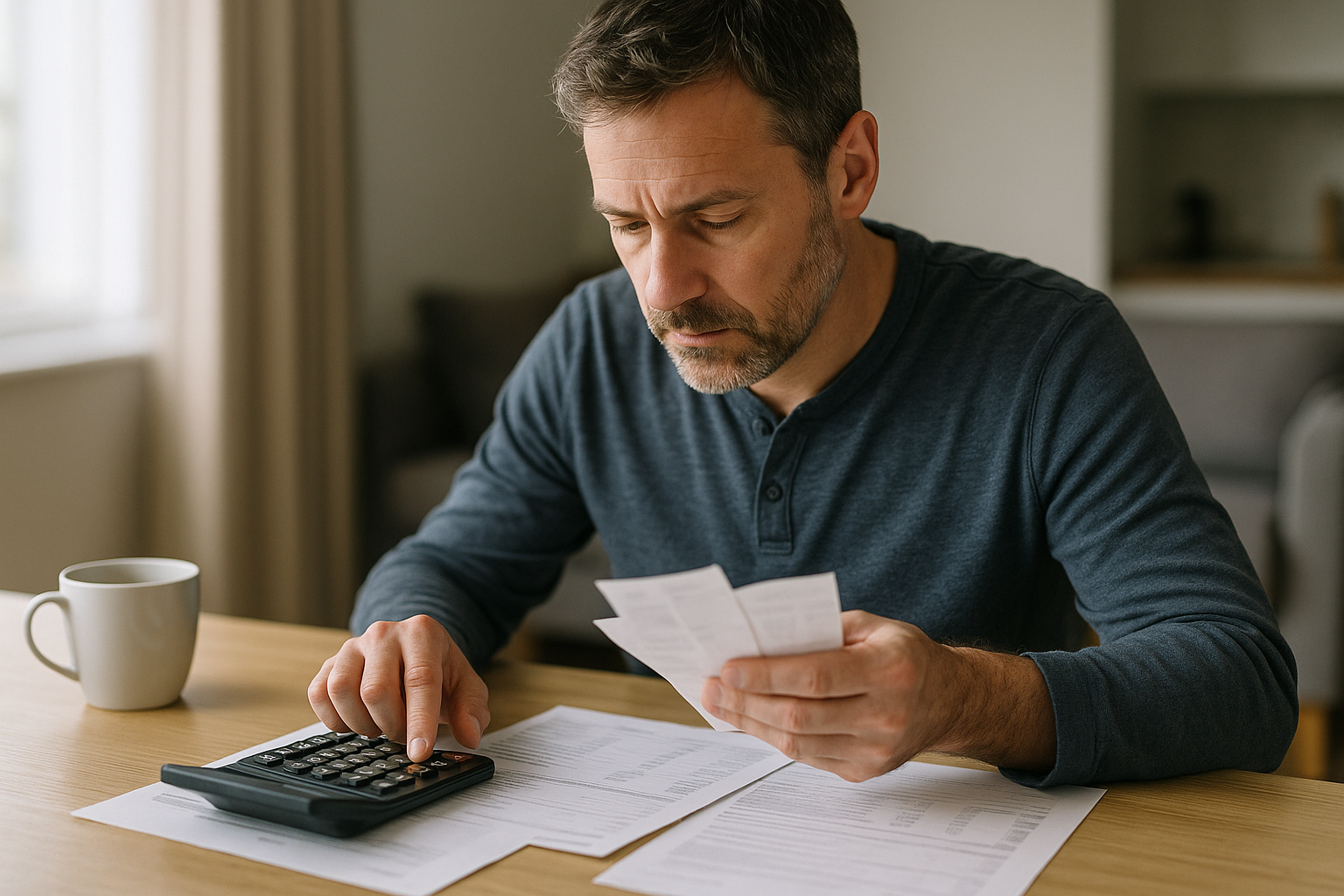 Persona che valuta un prestito per coprire spese impreviste controllando bollette e calcoli