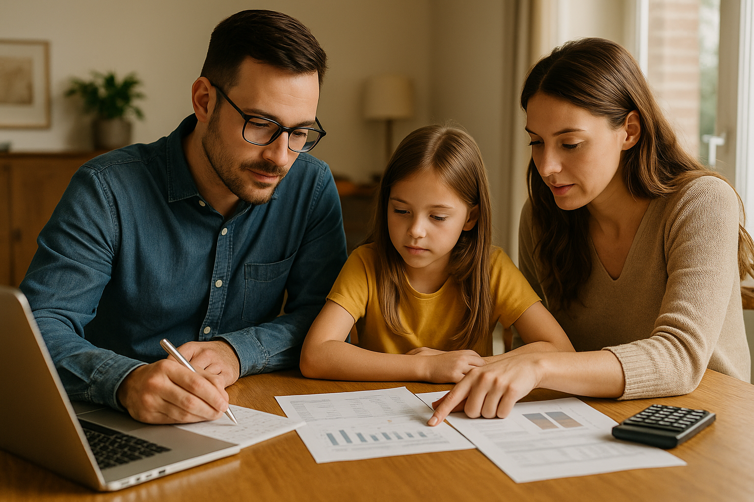 Famiglia che pianifica il budget domestico per scegliere un prestito sostenibile nel tempo