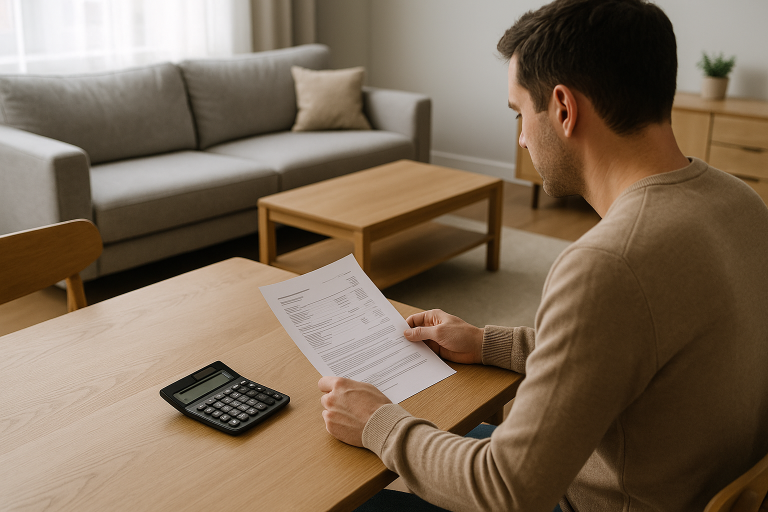 Persona che valuta un preventivo per un prestito finalizzato all’arredamento in un soggiorno moderno