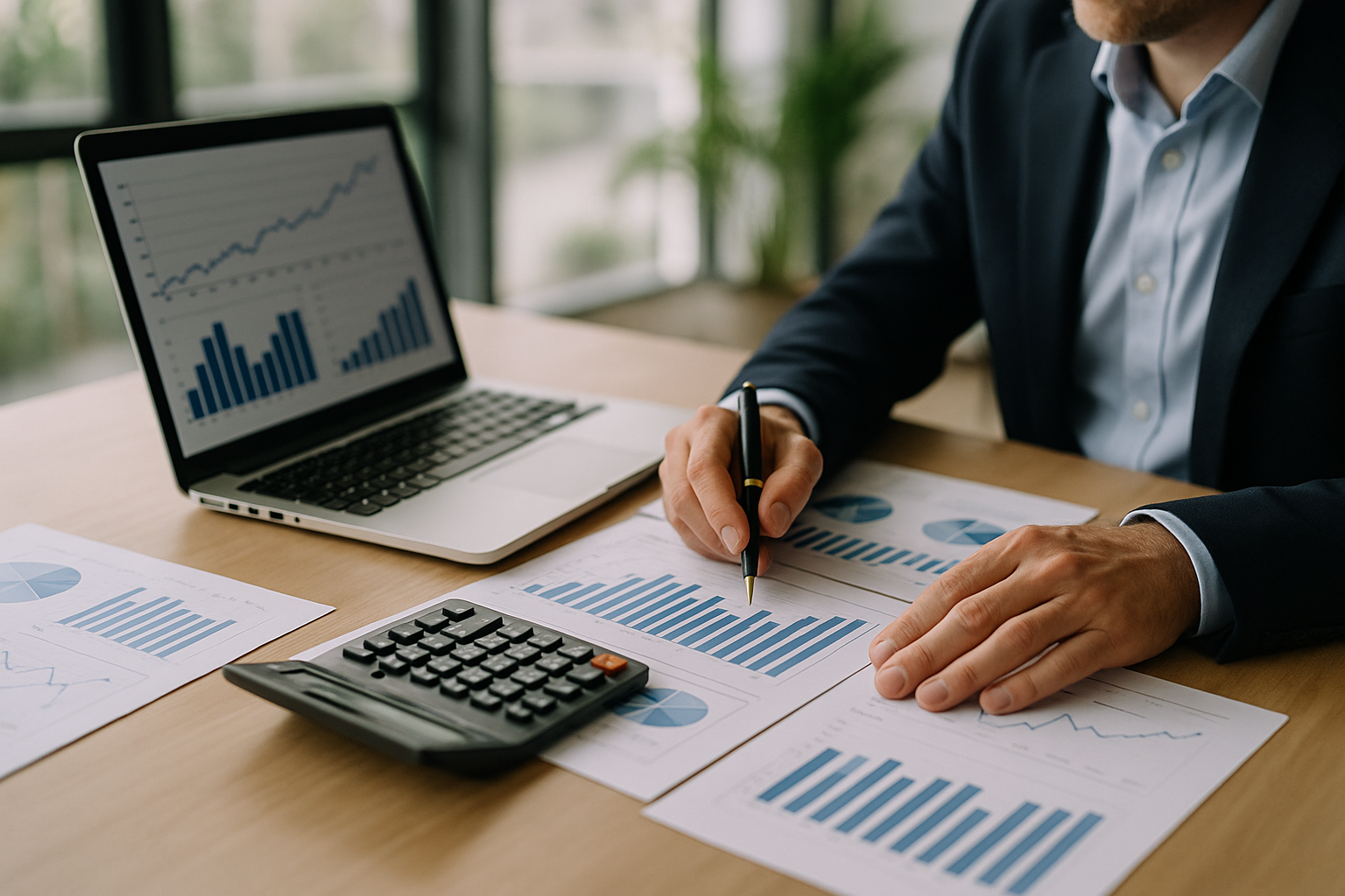 Documenti finanziari e laptop con grafici su una scrivania di una piccola impresa