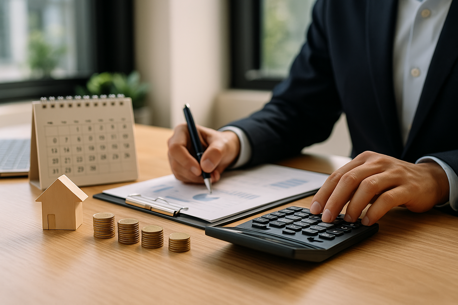 Calendario e calcolatrice su scrivania per pianificare le rate di un prestito